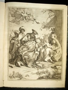 63. [MAZZONI (C.A e)]. NATIVITA DEL N.S. GESU CRISTO. Volume in plano (58 x 42,5 cm) de 11 planches, demi cuir vert de russie (reliure postérieure). Magnifique suite de 11 gravures exécutées vers 1650. La première est de Corregio, les suivantes par Raphaël d’Urbino, L. Carraci, L. Bernini, P. Rubens, P. Aquila, P.F. Mola, J. Zaboli, J.B. Gaullus, Raggi, Fr. Barotius Urbinis. Ces épreuves sont en excellent tirage, sans rousseurs ni piqures. 1000/1500